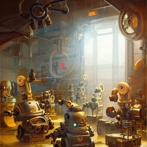 Robots Creating New Robots In A Dirty Factory, Oil Painting...
