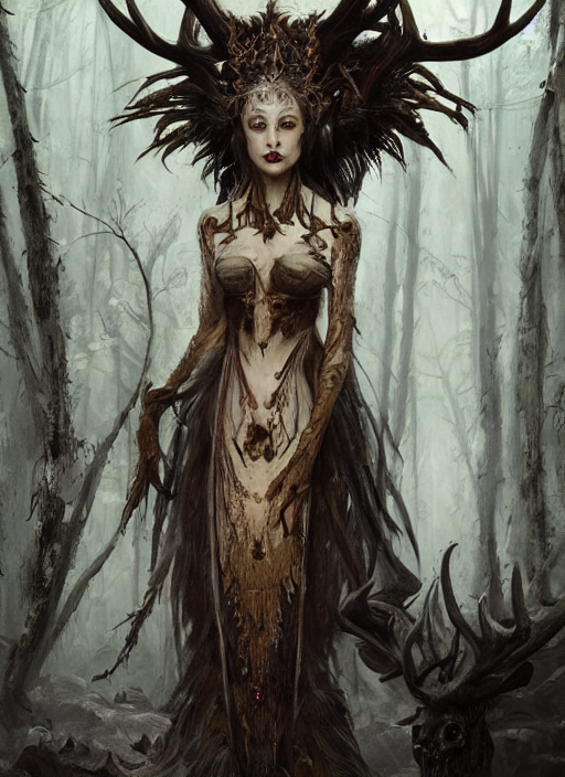 Painted Portrait Of Female Vampire Wearing Ornamented Dress...