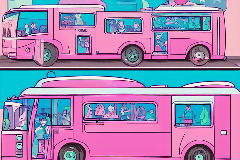 A Pink Bus, Cartoon Style, Minimalist, Vector Line Art, Clea...