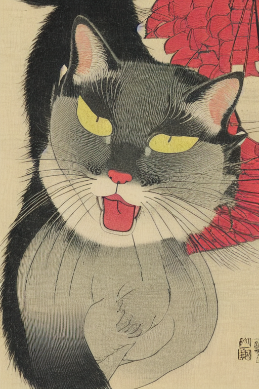 A Japanese Woodblock Print Of An Ao Japanese Cat By Ohara Ko...