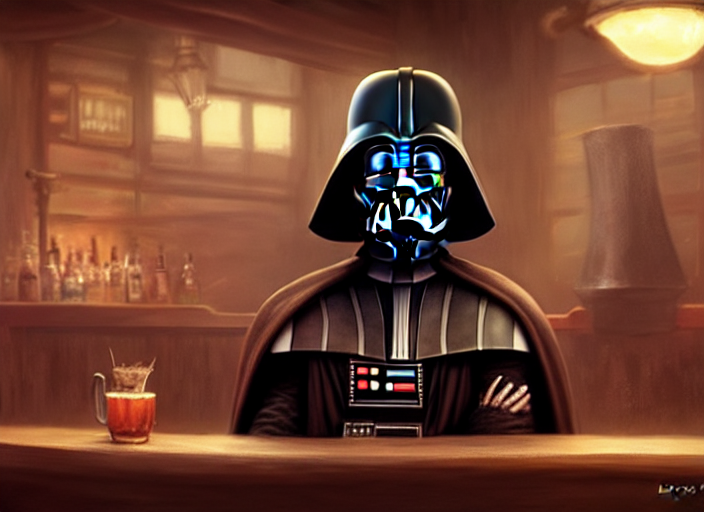 Grumpy Darth Vader Sitting In A Bar, Fantasy, Concept Art, A... — Stable Diffusion AI Prompt: grumpy darth vader sitting in a bar, fantasy, concept art, artstation, disney, p...