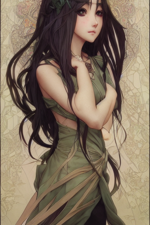 Adult Girl With Long Olive Hair, Olive Eyes, Chinese Dress,...