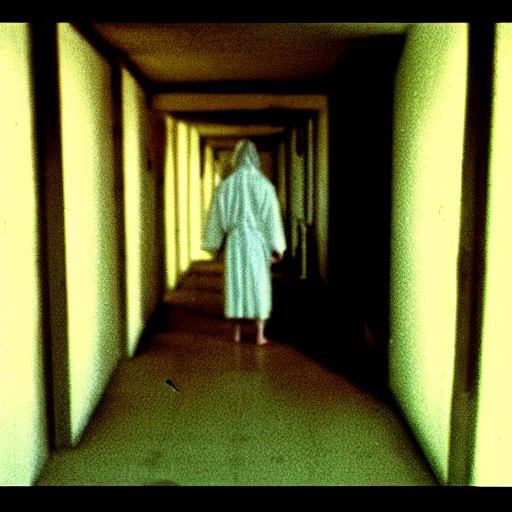 A Person In A Bloodied Robe Walking Down A Long Hallway. Sup...