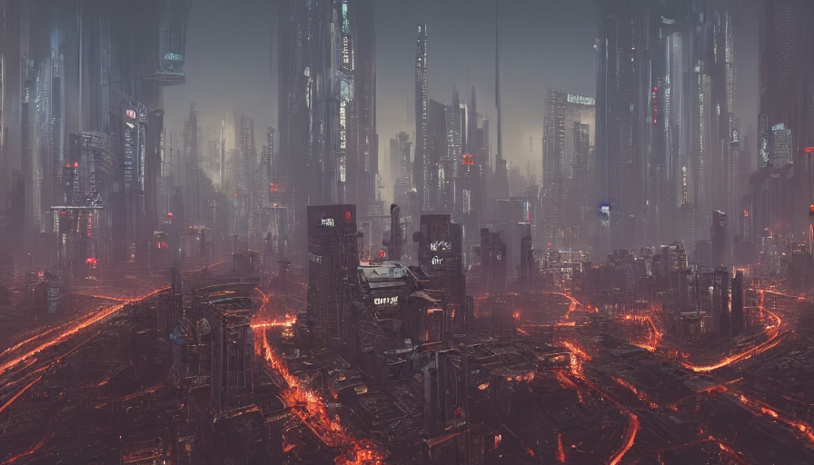 Hyperdetailed Wide View Of A Dystopian Cyberpunk City. Dark.... — Stable Diffusion AI Prompt: hyperdetailed wide view of a dystopian cyberpunk city. dark. smog. intricate bui...