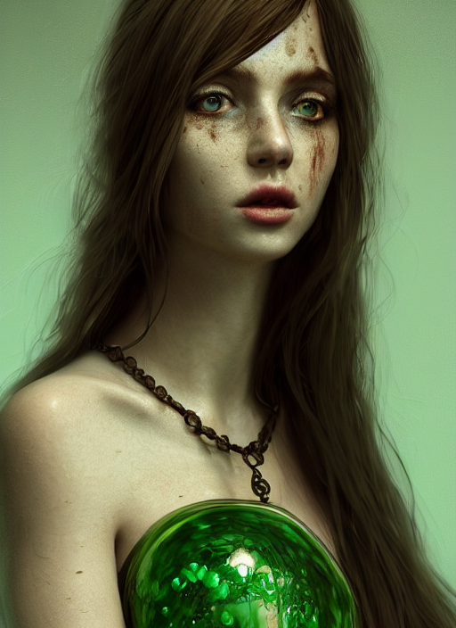 Portrait Of Terrified Green Ball Gown Young Woman, Long Brow...