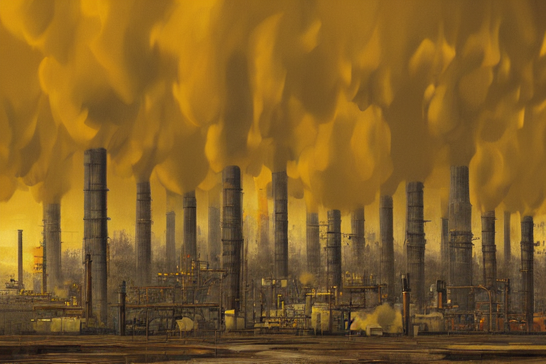 Mushroom Shaped Smokestacks Billowing Smoke From Underneath...