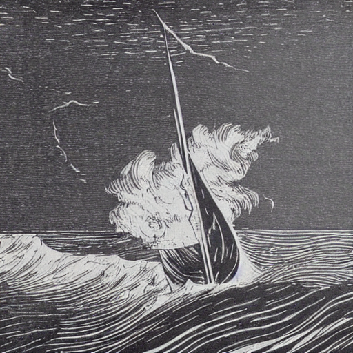European Woodcut Of A Wooden Sailing Vessel On A Stormy, Tur...