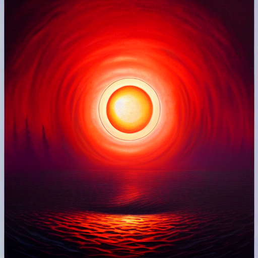 A Painting Of A Sun Eclipse. A Silhouette In The Water, Red...