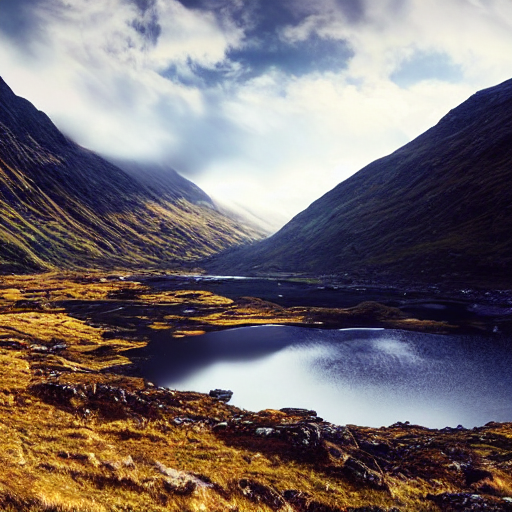 Glen Coe, Matte Painting, Contest Winner, Photorealistic, Ci... — Stable Diffusion AI Prompt: glen coe, matte painting, contest winner, photorealistic, cinematic, terragen