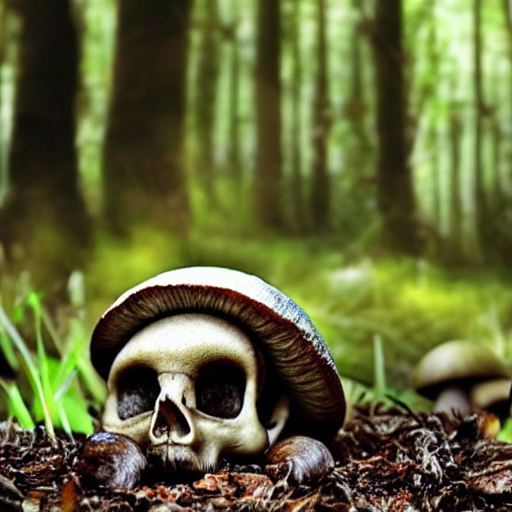 Mushrooms Growing Through A Human Skull In The Woods