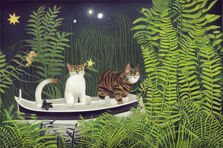 Cat In A Boat, Ferns, Jungle, Night, Stars, Highly Detailed,...