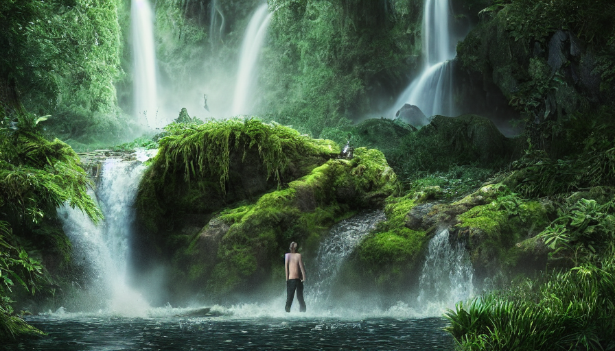 Overgrown Humanoid Creature In Beautiful Nature With Waterfa...