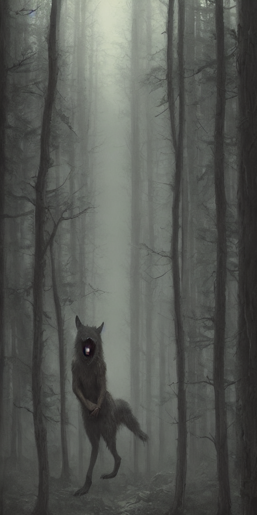 A Painting Of A Werewolf Standing In A Foggy Dense Forest By...