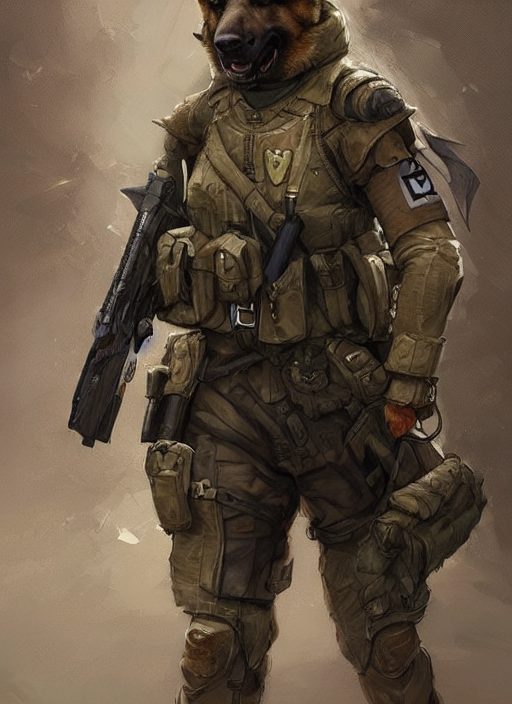 German Shepherd Dog In Full Military Gear, Art By Artgerm An...