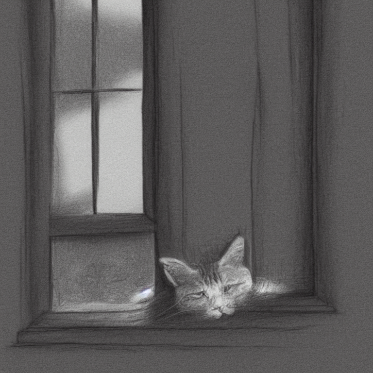 Pencil Drawing Of A Cute Cat The Cat Sitting Alone At The Wi...