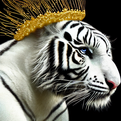 Beautiful White Tiger With Long Flowing Fur And Peacock Feat...