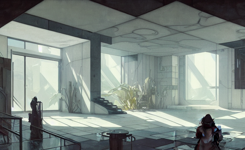 Painting Of Interior Shot Of A White Concerete Brutalist Hou...
