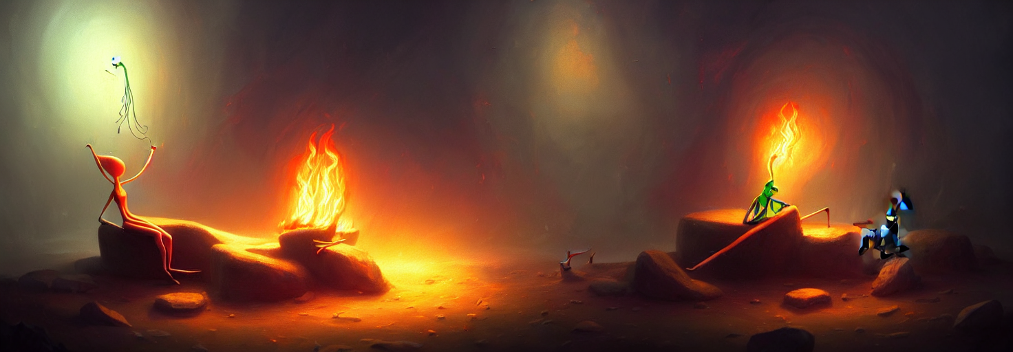 Whimsical Mythical Plankton Sitting Around A Fire In A Human...