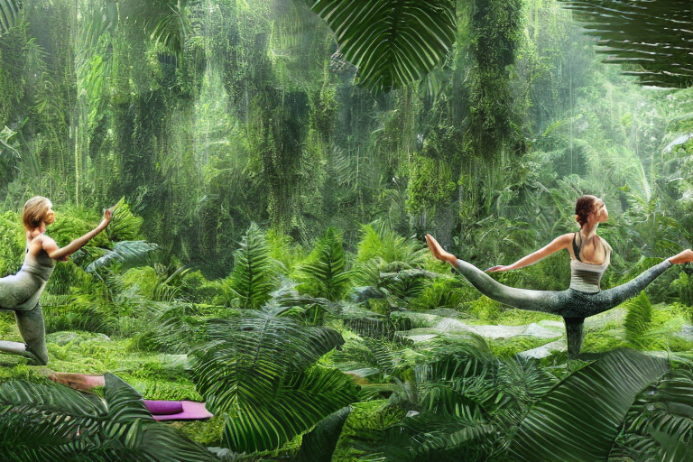 Yoga Practice Surrounded By Ferns, Jungles, Animals, Relax,...
