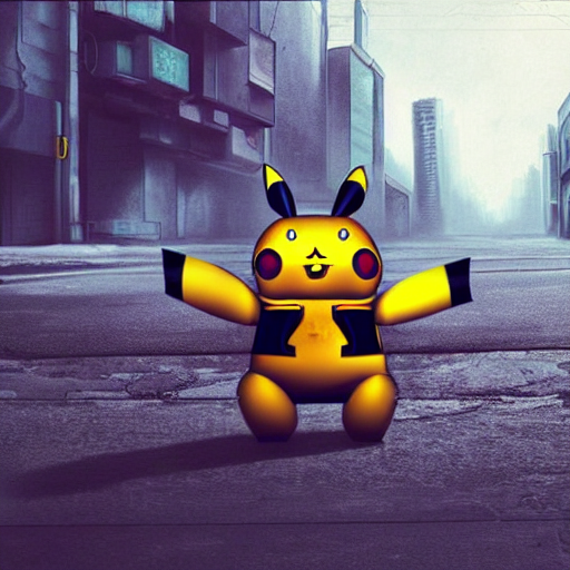 Robot Pikachu Cyborg Walking On A Street, Post Apocalyptic F...