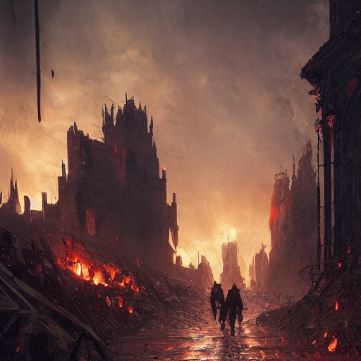 A Painting Of A Cinematic Keyframe Of Walking Into A Destroy... — Stable Diffusion AI Prompt: a painting of a cinematic keyframe of walking into a destroyed medieval city, wi...