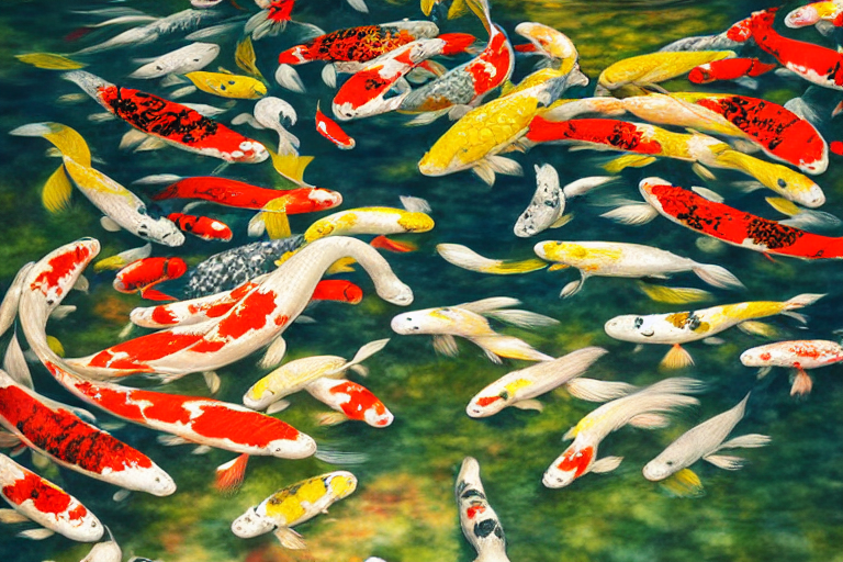 Portrait Of Koi Swarming A Pond. Shadow And Light. Rays Of L...