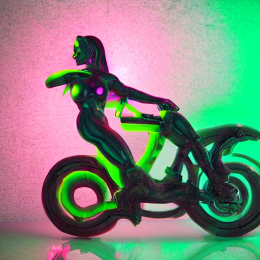Pink Marble Sculpture Of A Cyberpunk Woman On A Motorcycle,... — Stable Diffusion AI Prompt: pink marble sculpture of a cyberpunk woman on a motorcycle, dynamic pose, green...