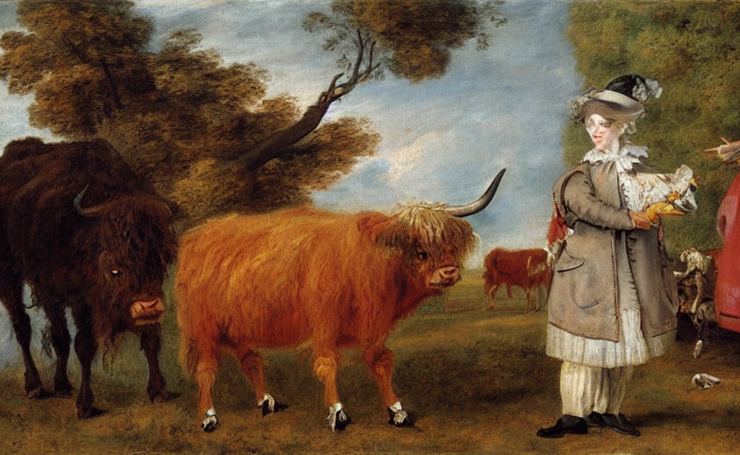 Oil Painting By Watteau Of A Highland Cow And A Fireman.
