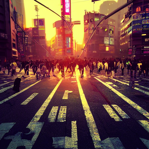 The Shibuya Crossing In A Cyberpunk Dystopian Tokyo Evening...