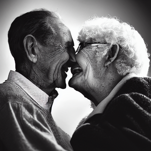Poignant Portrait Black And White Photo Of An Old Couple Smi...