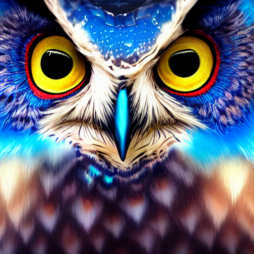 An Owl With Big Blue Eyes Is Standing In Front Of A Blue Bac...