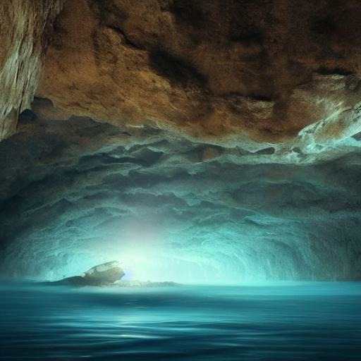 An Large, Underwater Cave, With Lighting Coning Through From...