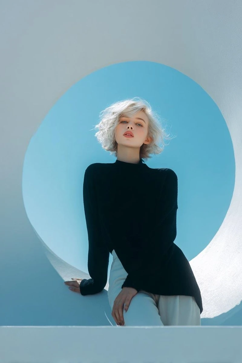 Platinum Blonde Model Poses Inside Futuristic Blue Circular Studio — Nano Banana 2 AI Prompt: Create an ultra-realistic, high-end fashion editorial photoshoot featuring a bea...