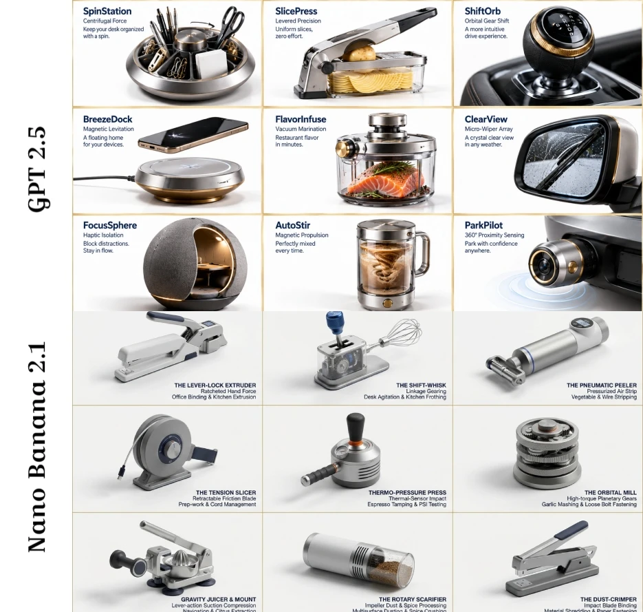 A 3x3 grid showcases nine photorealistic gadget inventions on white — Nano Banana 2 AI Prompt: 16:9, do this by picking a desk gadget, kitchen gadget, and car gadget: Instruct...